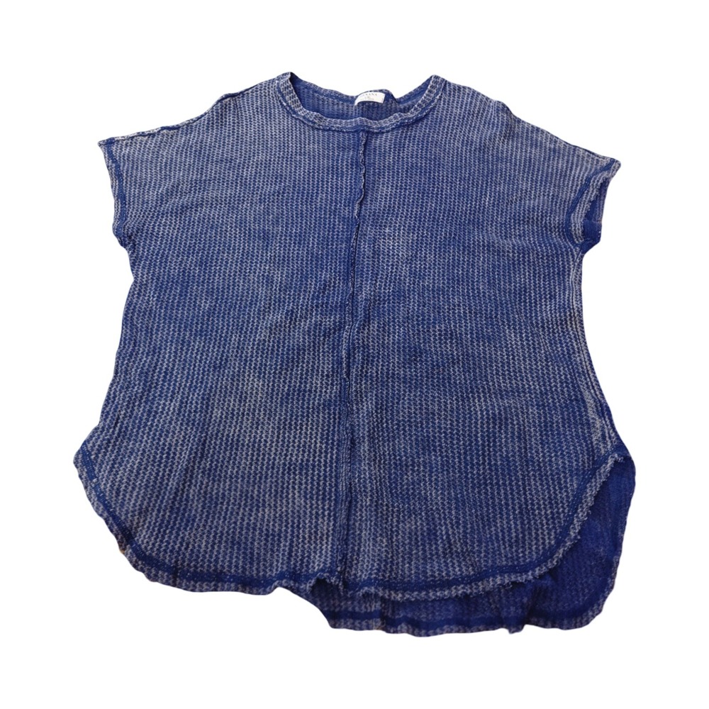 Zenana Blue Mineral Wash Waffle Knit Short Sleeve Top L/XL